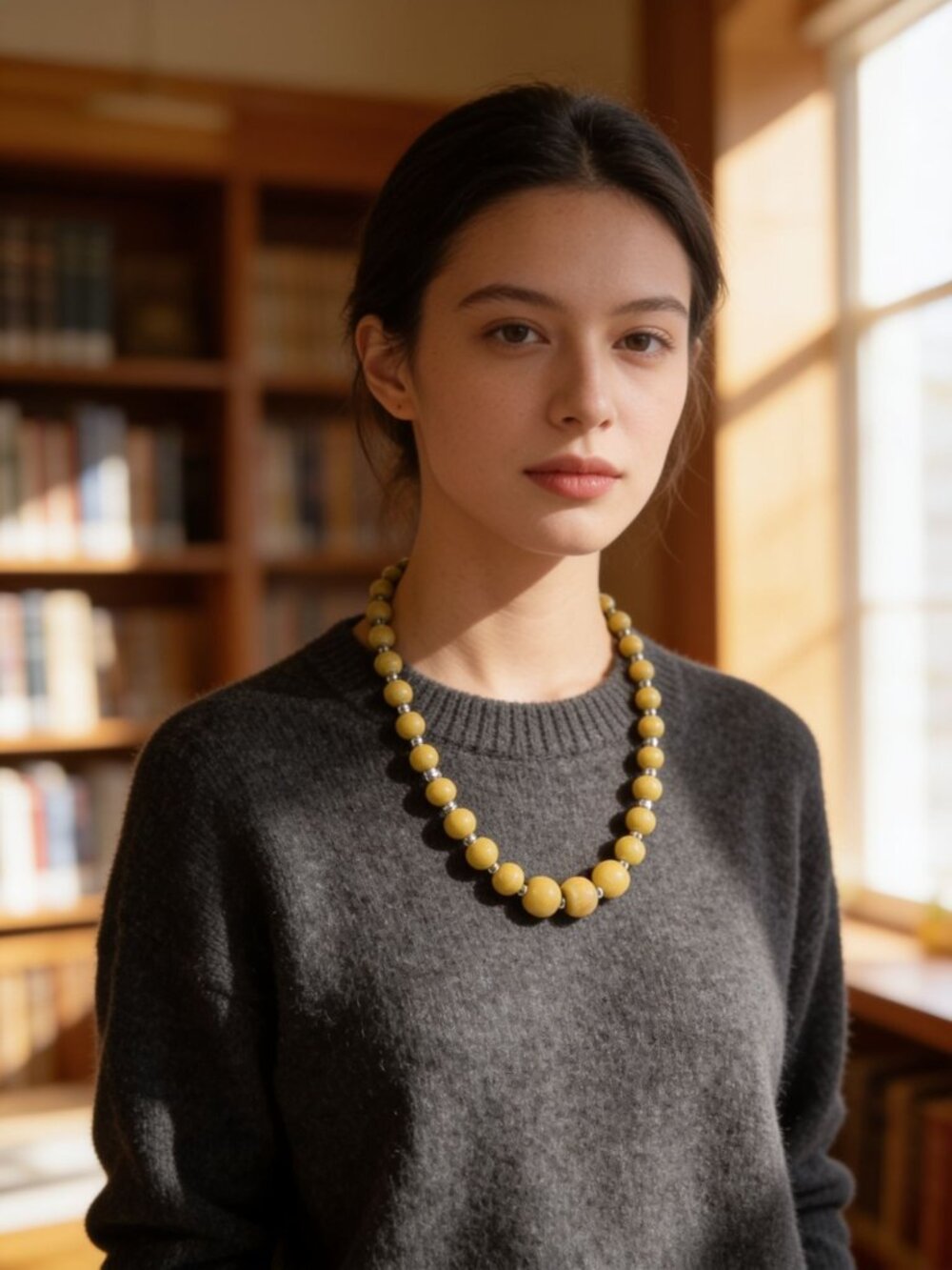 vintage polished olive wooden and silver metal beaded single row necklace
